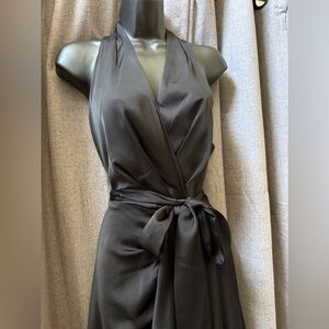 Midnight Elegance Satin Halter Ruffle Black Cocktail Gown Size 8-10 MEDIUM